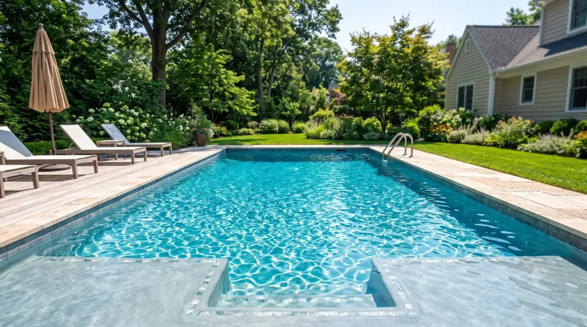 Sparkling clean backyard pool with clear blue water