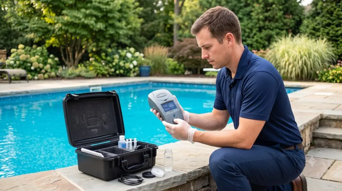 Romanelli technician running a Spin Touch water test at a backyard pool