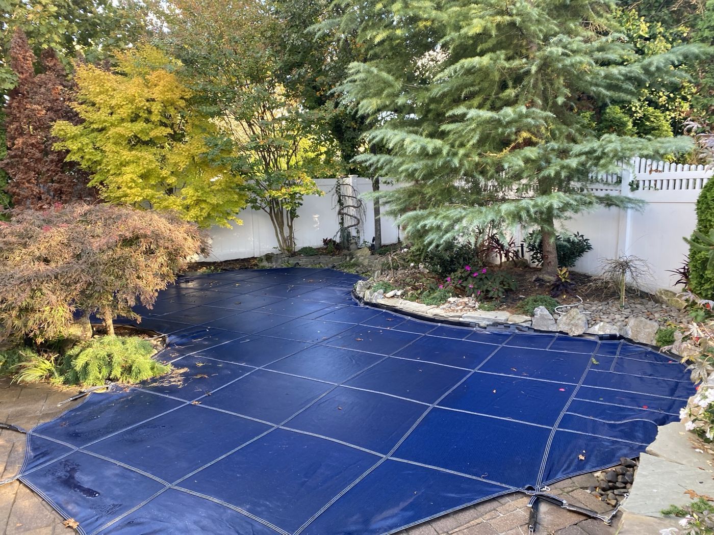 A navy safety cover fitted snug around a freeform pool and garden