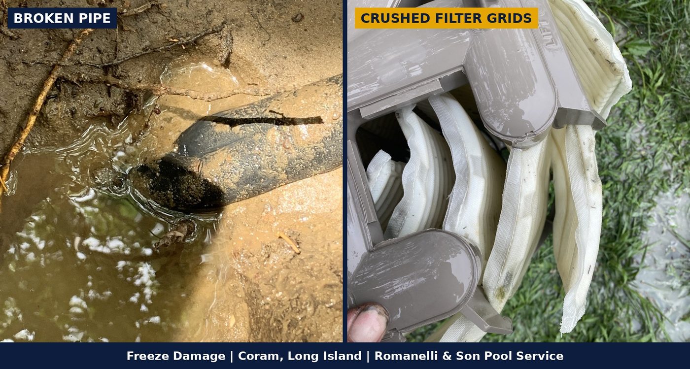 Freeze damage: a broken underground pipe and crushed filter grids
