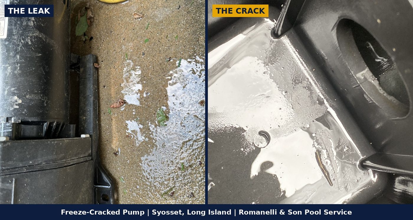 Pool pump cracked by a freeze, with water leaked across the equipment pad