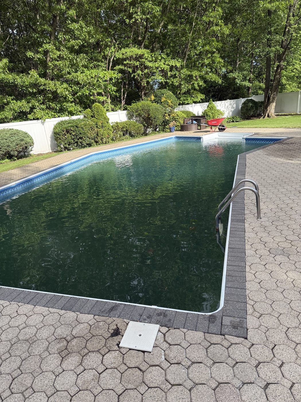 Before: a dark green rectangular pool