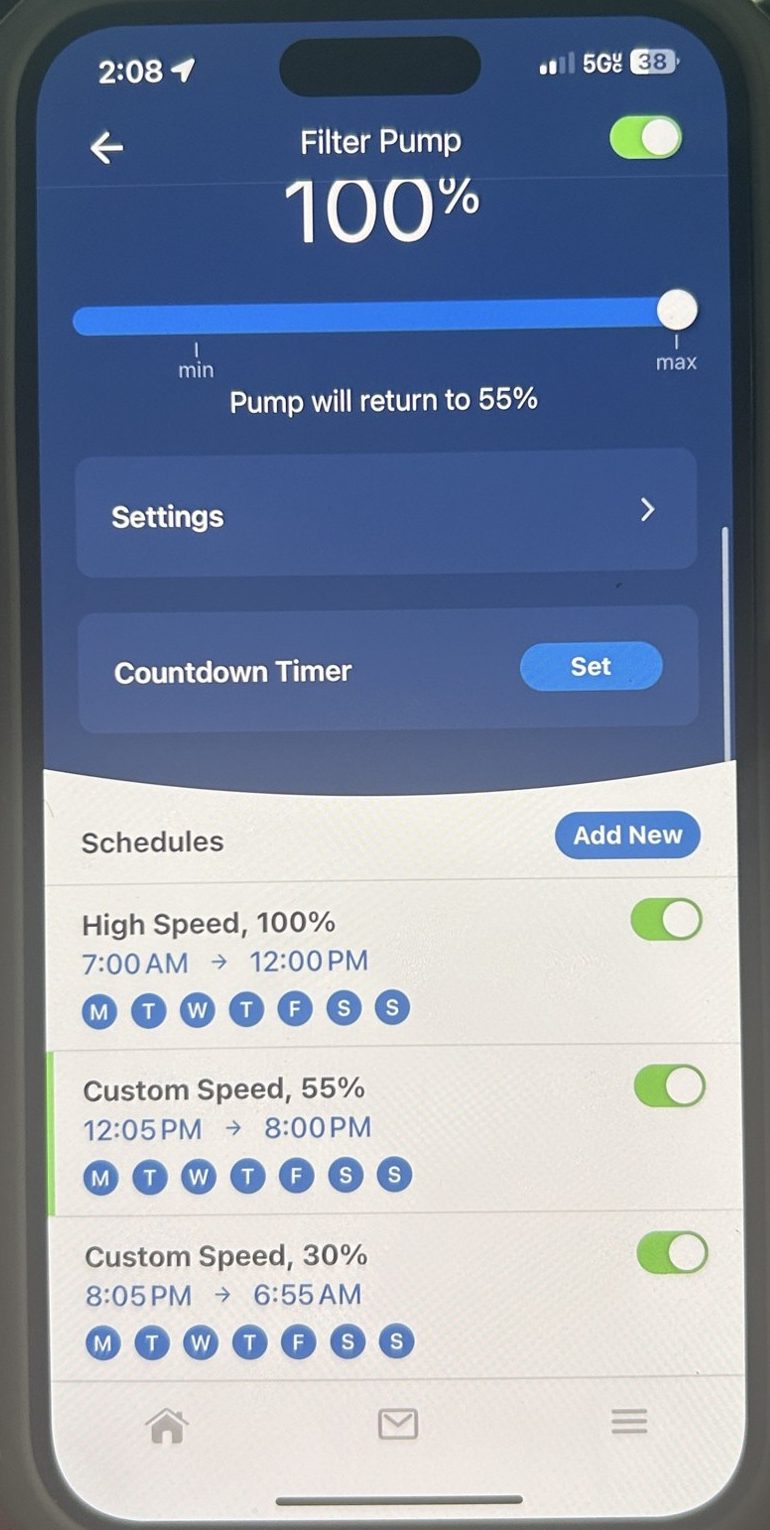 Hayward app showing a variable speed pump on a low overnight schedule
